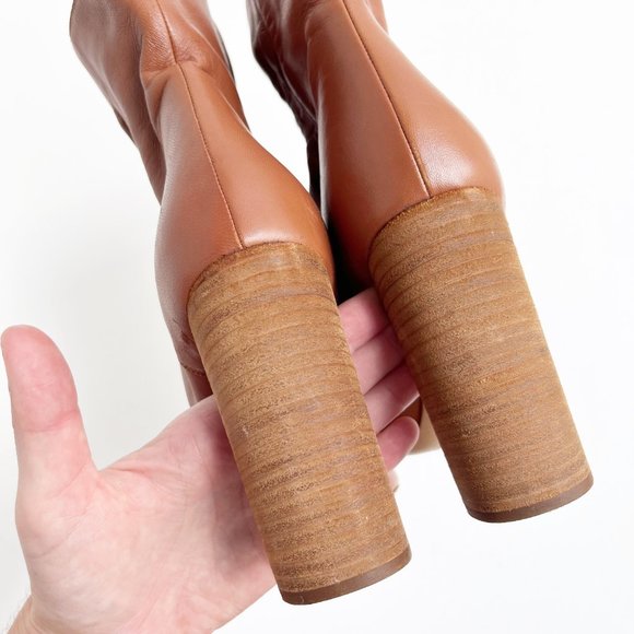 Chloe | Cognac Leather Peep Toe Cinched Ankle Boots | 38.5/8.5 - Picture 4 of 14